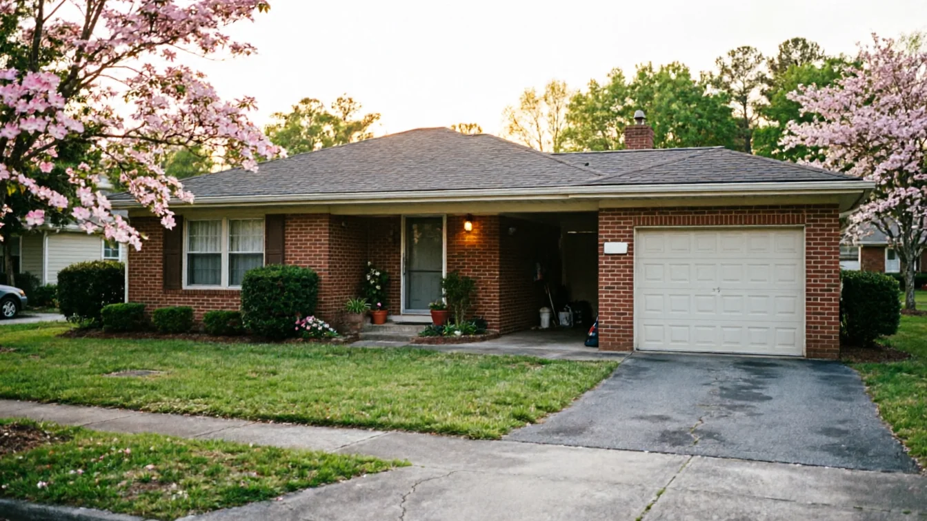 The house has a white garage door, brick exterior, and a green lawn.