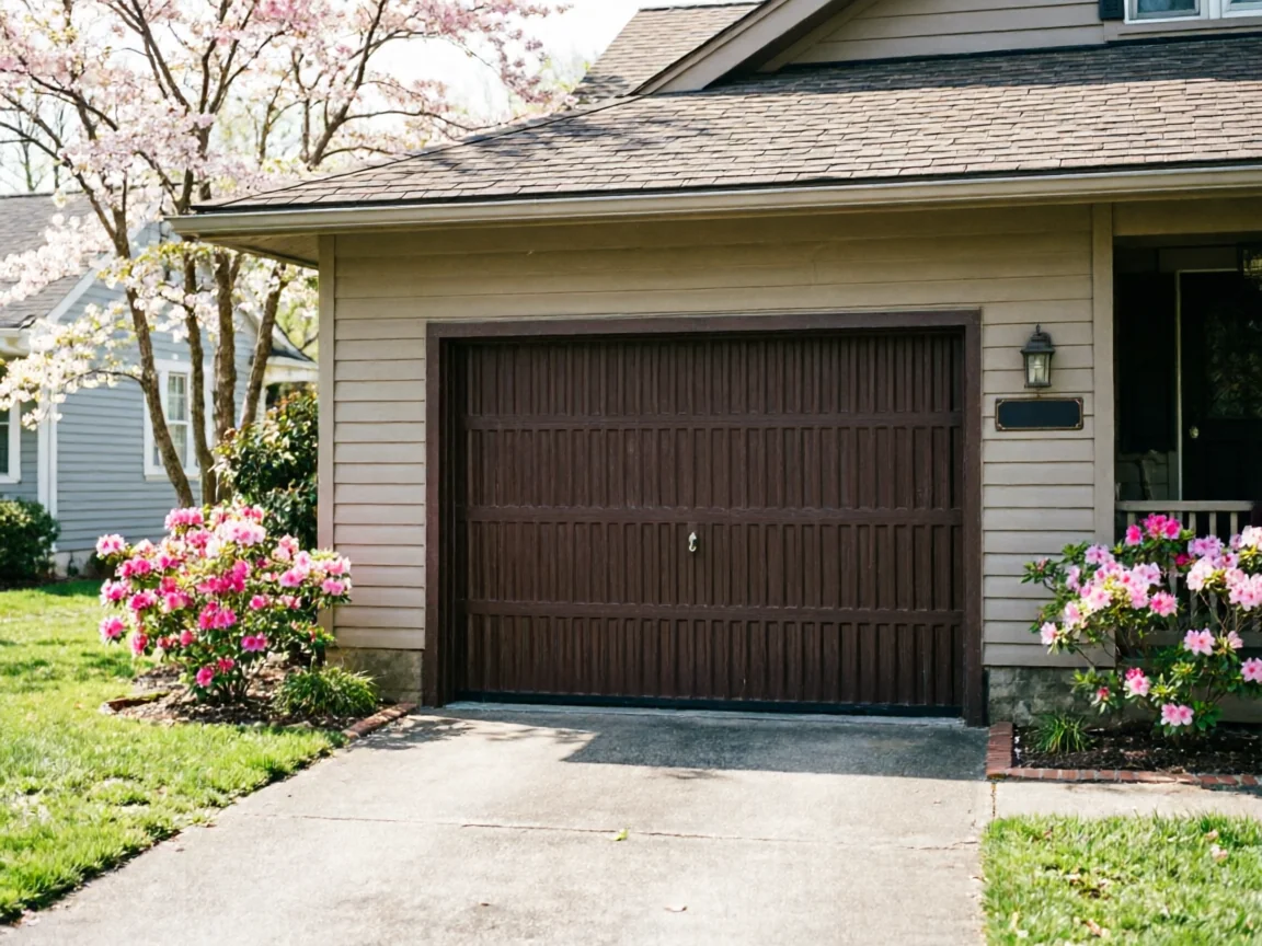 A brown garage door on a beige house with pink flowers and green grass.